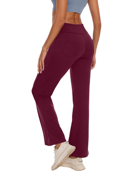 Womens Bootcut Yoga Pants with Pockets Flare Workout Legging High Waist Lightweight Bottoms Activewear Dark Red M