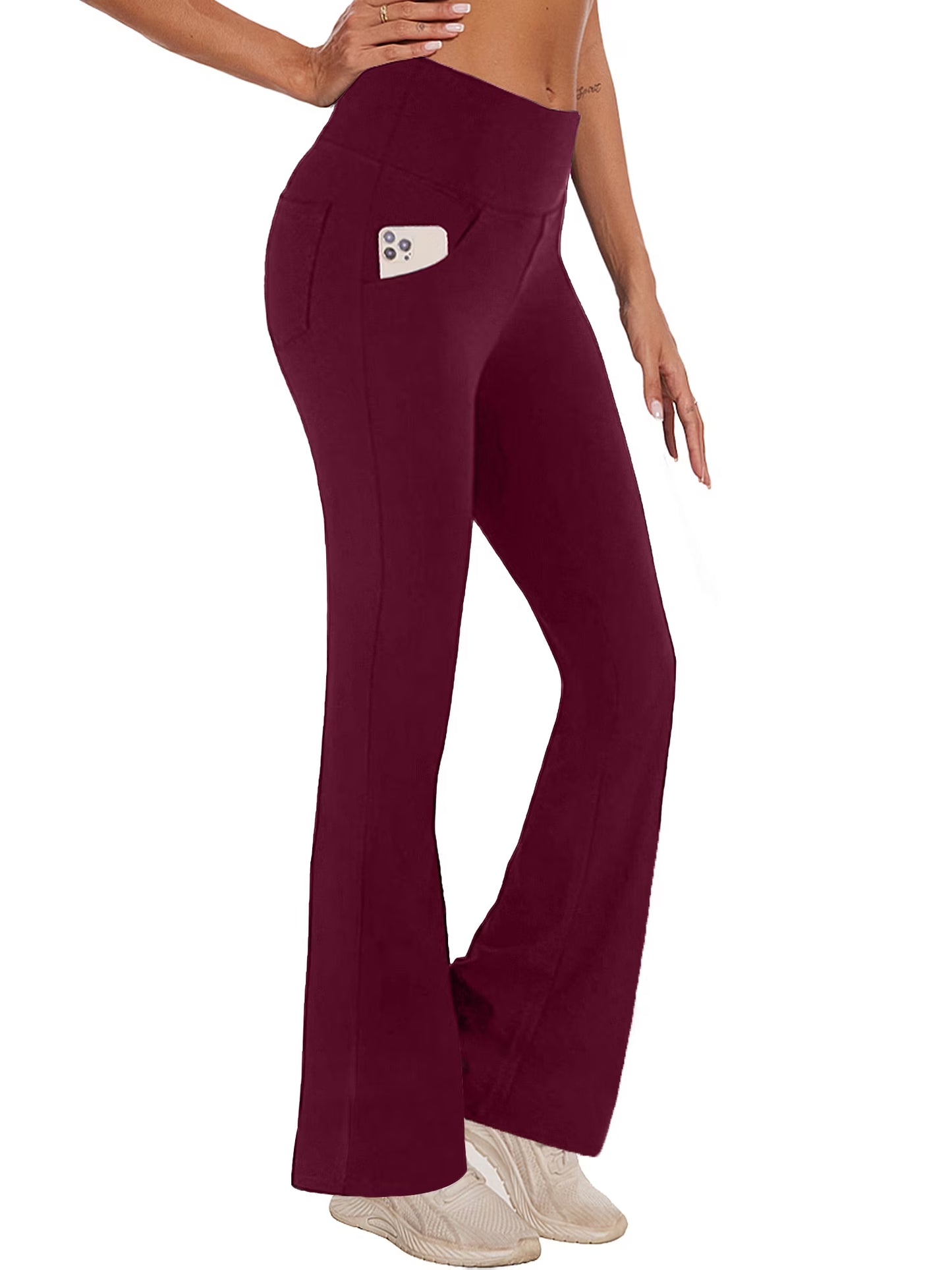 Womens Bootcut Yoga Pants with Pockets Flare Workout Legging High Waist Lightweight Bottoms Activewear Dark Red M