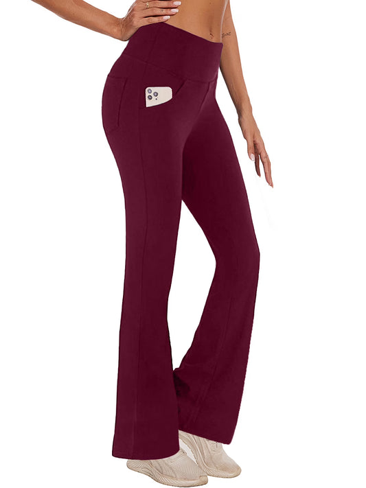 Womens Bootcut Yoga Pants with Pockets Flare Workout Legging High Waist Lightweight Bottoms Activewear Dark Red M